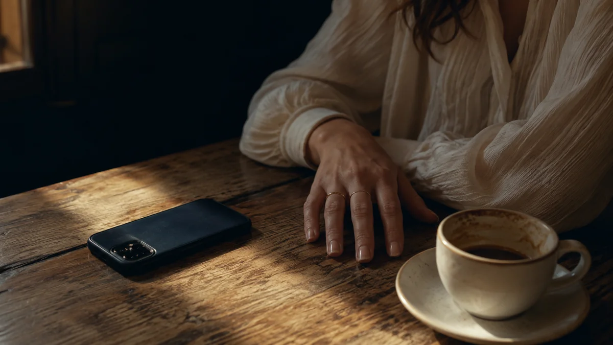 木のテーブルに伏せて置かれたスマホと飲みかけのコーヒー、その横で送らずに止まっている手——追う前にひと呼吸おく『間』の瞬間を示す