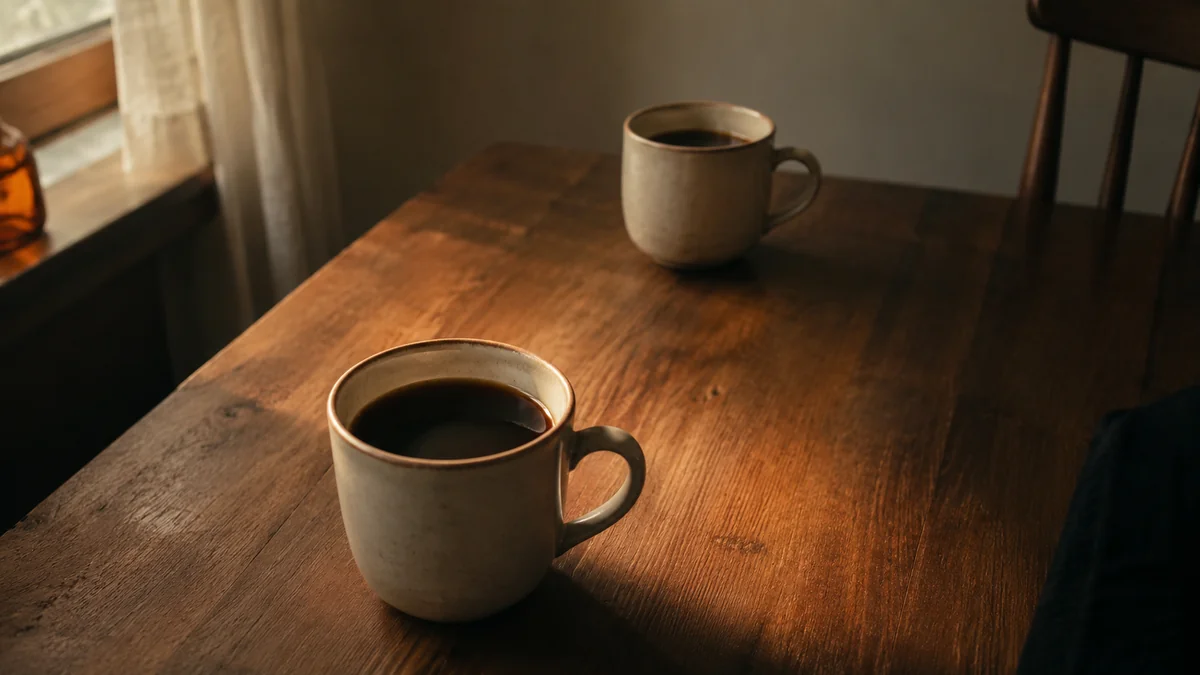 木のテーブルに置かれた同じ種類のコーヒーカップが二つ、手前と奥に距離を置いて並ぶ。相手によって変わる心理的な近さ——固定したタイプではなくグラデーションであること——を表す。