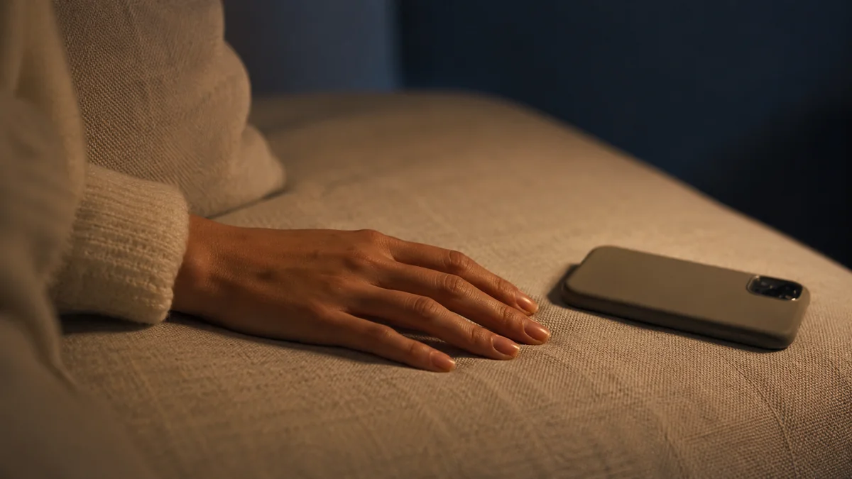 ソファに置かれた手と、伏せたスマートフォン。触れそうで触れない仕草が、近づきへの一瞬の引きを表す。