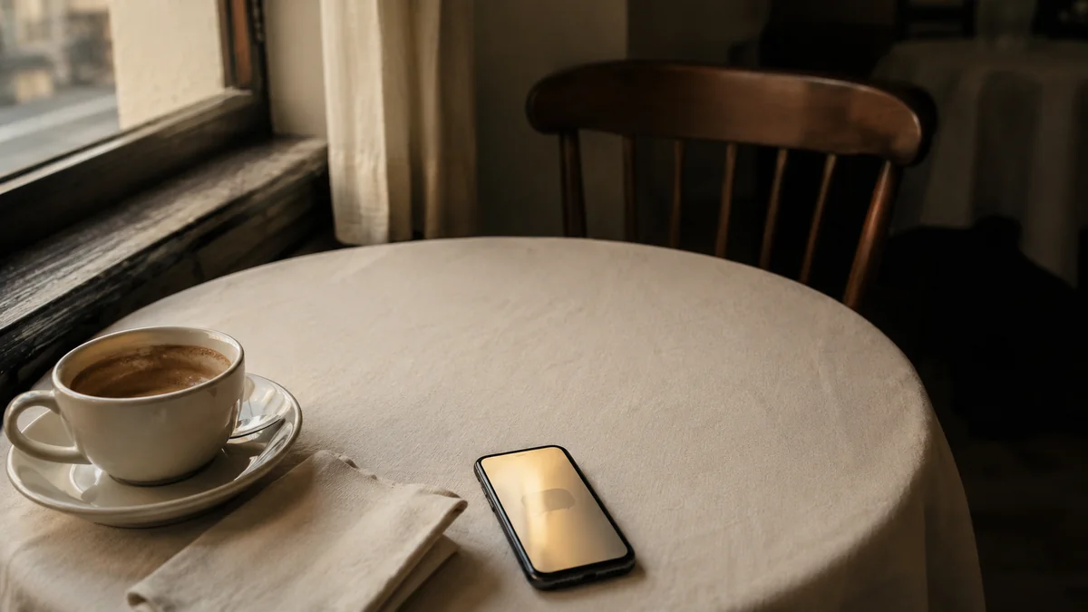 カフェのテーブルに置かれたスマートフォンと、その向かいに空いたままの椅子。返信を待つ『空白』が自分の内側ではなく相手とのあいだに生まれることを示し、問題の発生場所を個人から関係へ移す記事の視点を表す。