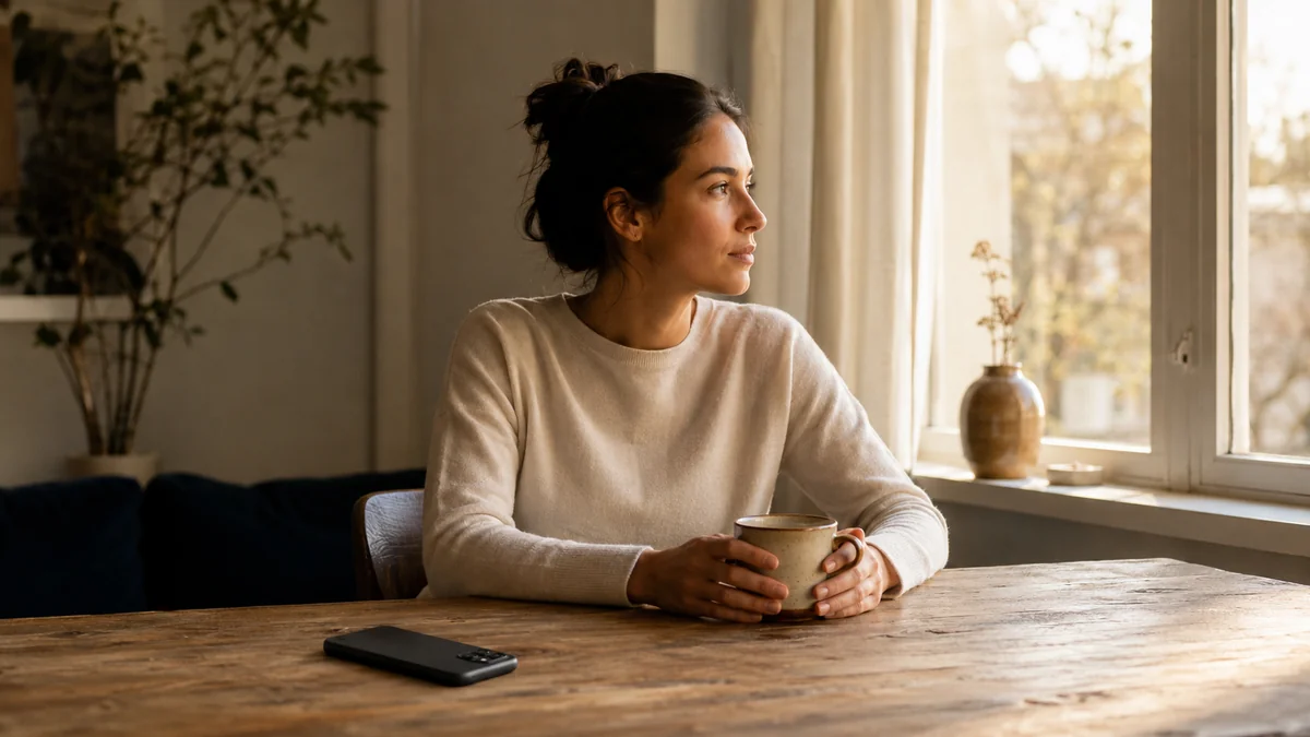 朝の窓辺で伏せて置かれたスマートフォンとコーヒーのそばに座り外を眺める女性。未読を一度手放して落ち着いて眺める距離感を表す。