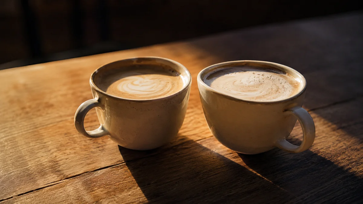 カフェのテーブルに少しだけ距離を縮めて置かれた二客のコーヒーカップ。尋ね合うのではなく互いに差し出し合う会話の関係を表す。