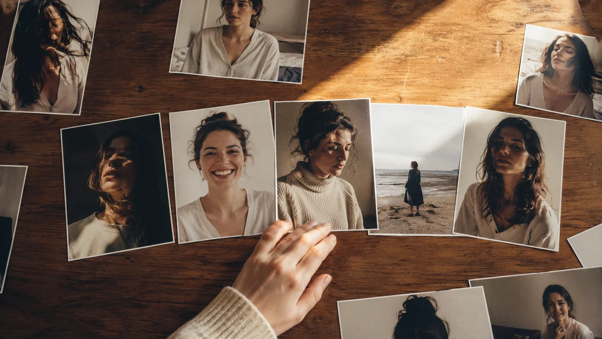 同じ人物の写真が数枚テーブルに並び、明るい一枚や暗い一枚が混じって別人のように見える様子。5枚並べて同じ人だと伝わるかという記事の核を表す。