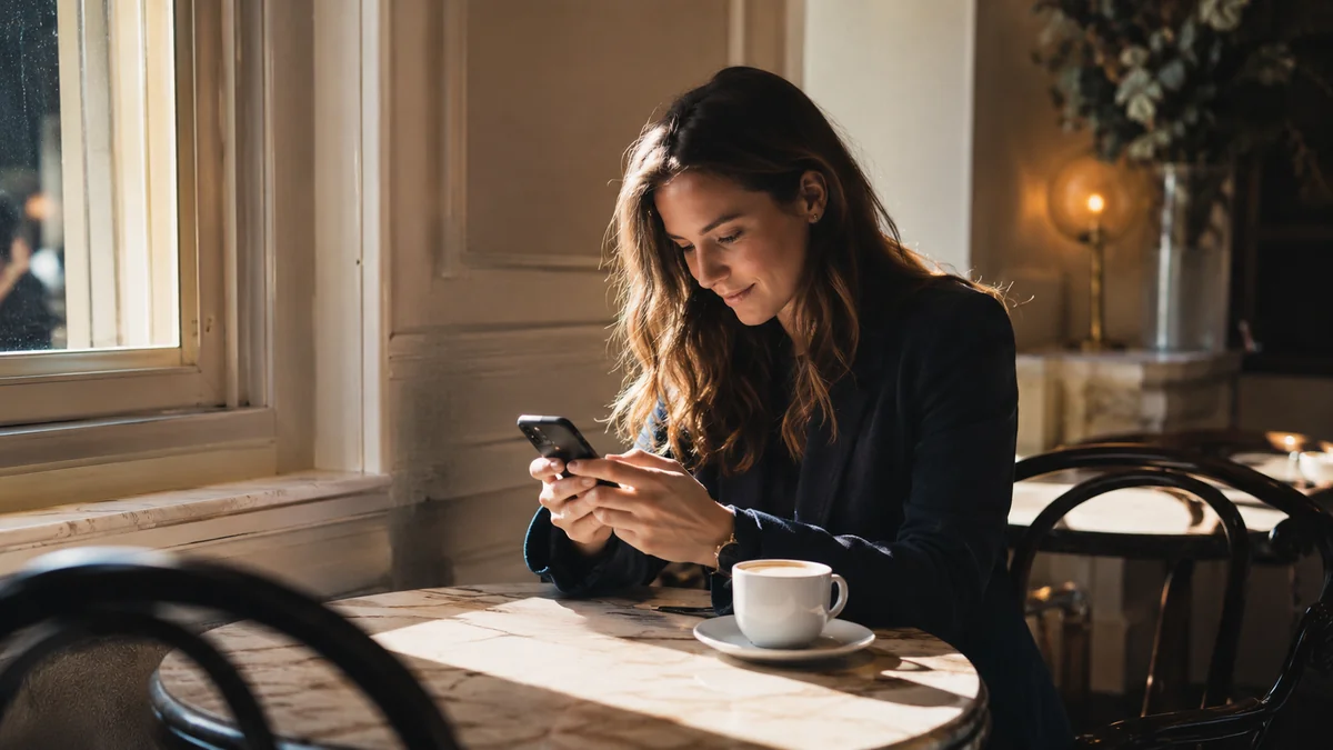 カフェの席でスマホに届いた反応を確かめながら少し微笑む20代後半の女性。出した後の反応を見て少しずつ直していく運用。