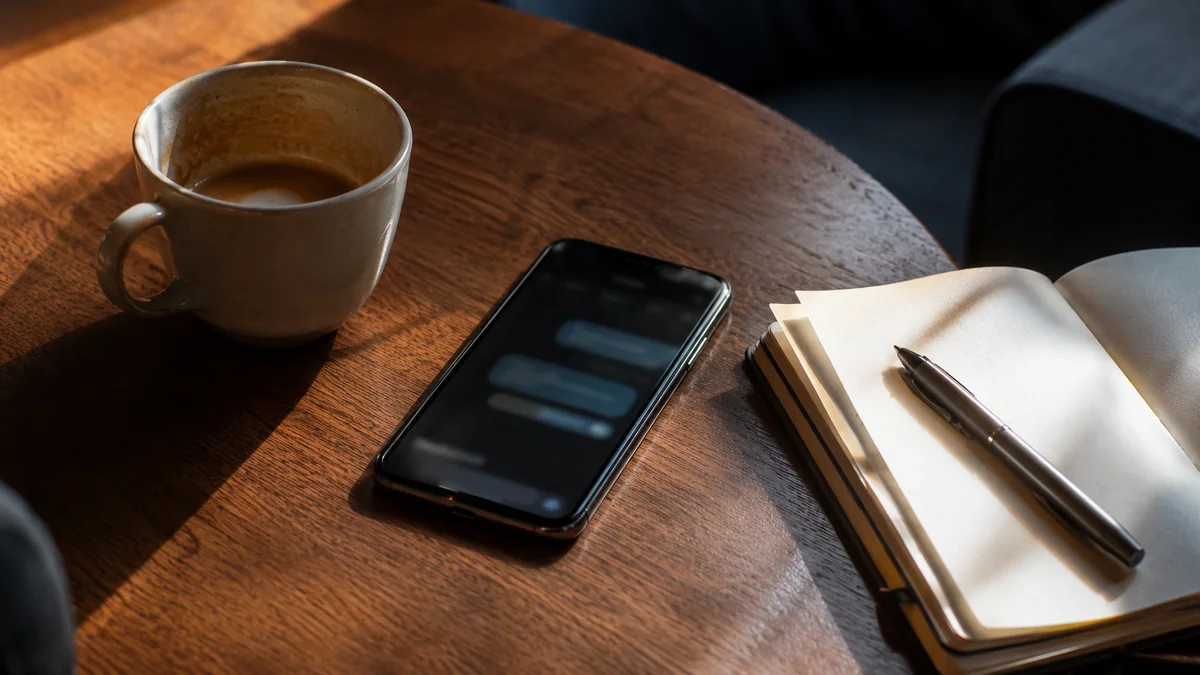 朝の木のテーブルに伏せずに置かれたスマホと飲みかけのコーヒー、開いたノート。連絡の戻り方を何回か静かに見ていく、という記事の見方を表す。