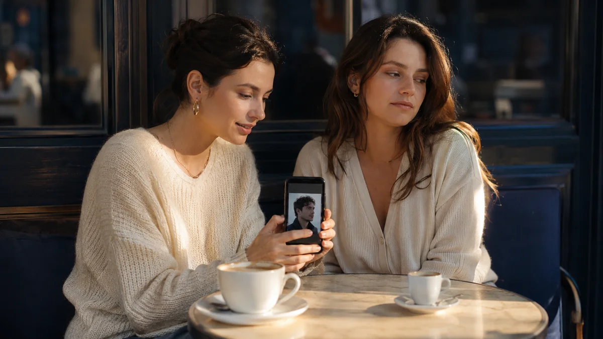 一台のスマホの同じ写真を二人が見て、一人は身を乗り出し、もう一人は関心を示さない。同じ写真でも見る人によって受け取る印象が割れることを示す。
