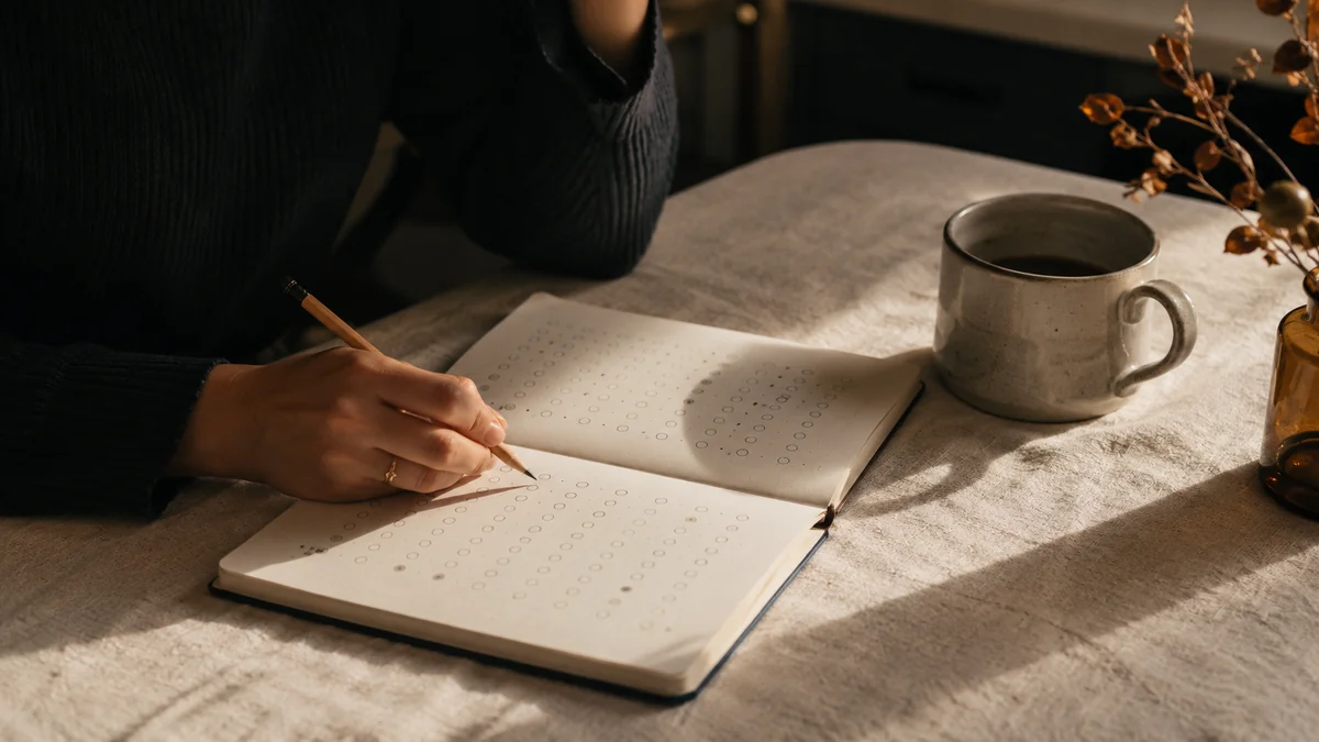 朝の光のなか、手帳に小さな印を一つずつ書き込む手元。相手から返信が戻った日を二週間ぶん記録し、線として見る方法を表す。