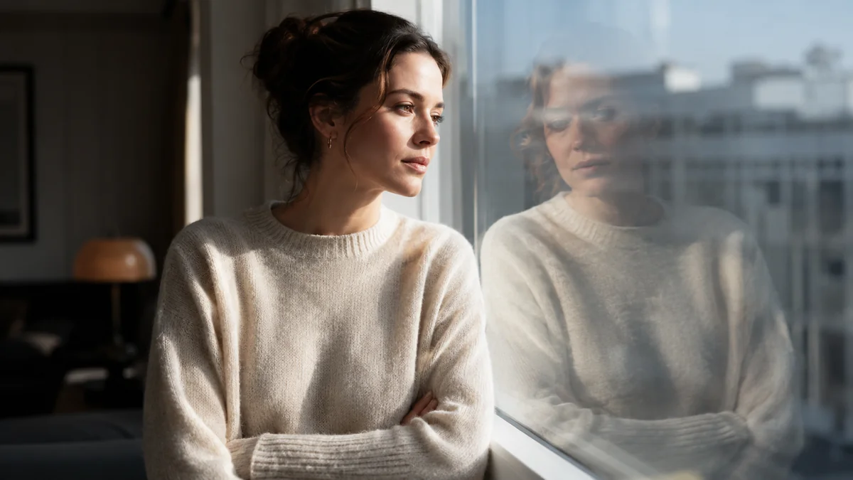 窓辺に立つ若い女性と、ガラスにうっすら映るその姿。同じ自分が奥と手前で違う顔を見せるという、三つの概念がひと続きであるという本記事の見方を表す。