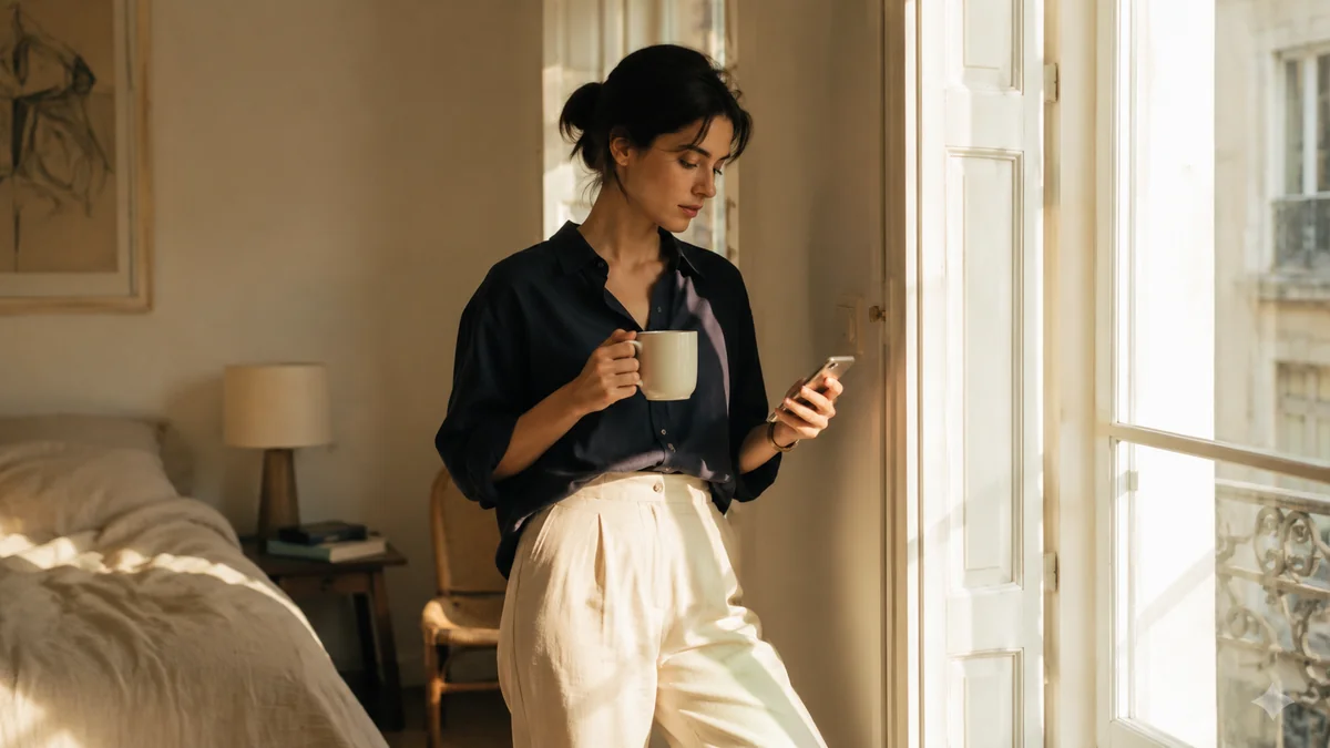 朝の窓辺でコーヒーを片手にスマートフォンを静かに眺める若い女性。数週間の返信の推移を落ち着いて見渡す視点を表す。