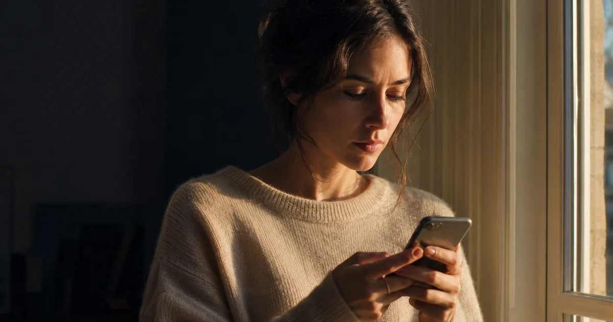 既読がついたまま返信が来ないスマホを見つめ、午後の光のなかで静かに固まる女性。不安型愛着が特定の相手と場面で強く出る瞬間を表す。