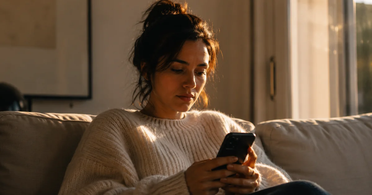 夕方の窓際でソファに座り、診断結果を映したスマホを見つめる20代後半の女性。半分は頷き半分はためらう表情で、結果が一つのタイプに定まらない揺れを表す。