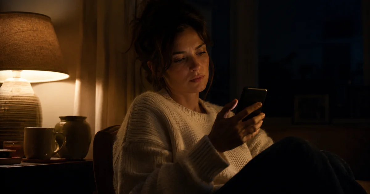 夜の部屋で、返信の途絶えたスマートフォンを手に指を止めて画面を見つめる20代の女性。愛着の仕組みがいまも働いている瞬間を表す