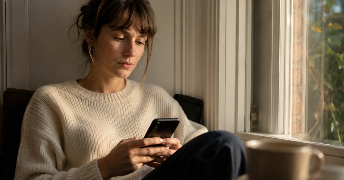 スマートフォンに届いた相手の返事を見つめ、次に何を返すか一拍考えている女性。会話の切り出しが一言の出来でなく返しの運用で決まることを示す。