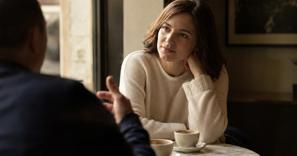 午後のカフェで身を乗り出して相手の話に聞き入る女性。会話のネタを相手から引き出す「聞く向き」を表す。