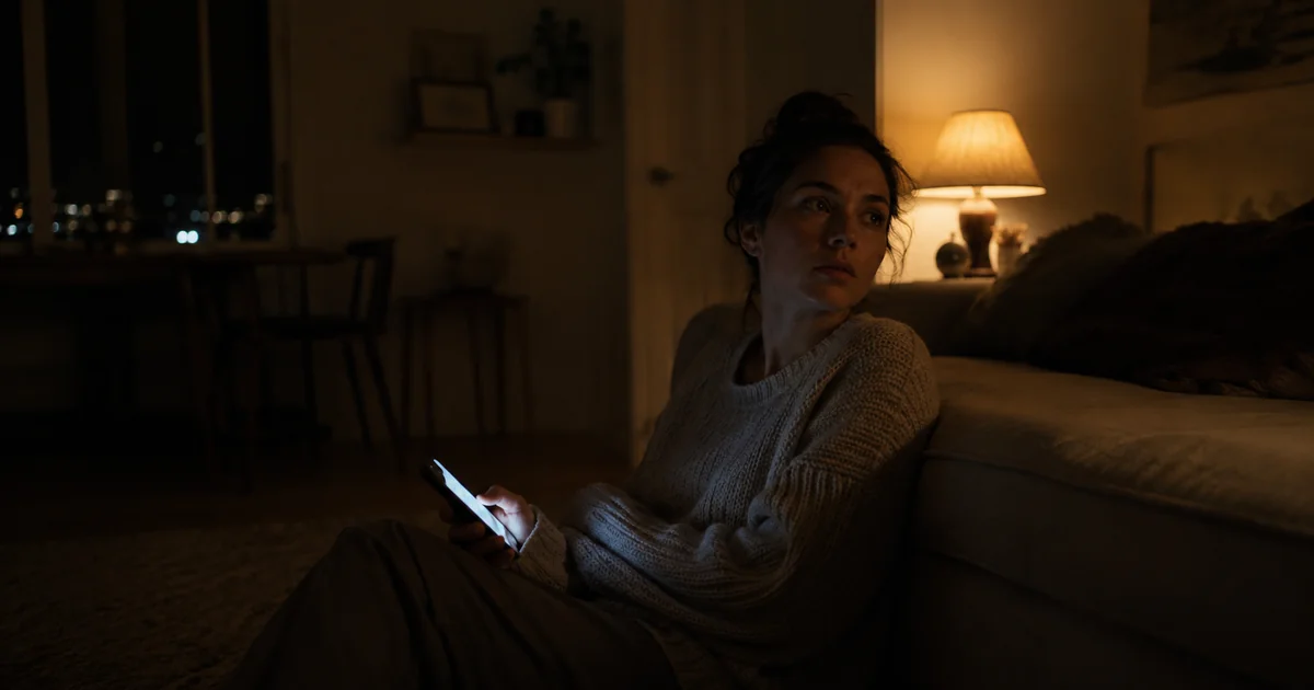 夜の部屋で若い女性がスマホを手にしたまま画面から目をそらし、会話が本当に進んでいるのか思案している。会話の長さと深さは別だという記事の主題を表す。