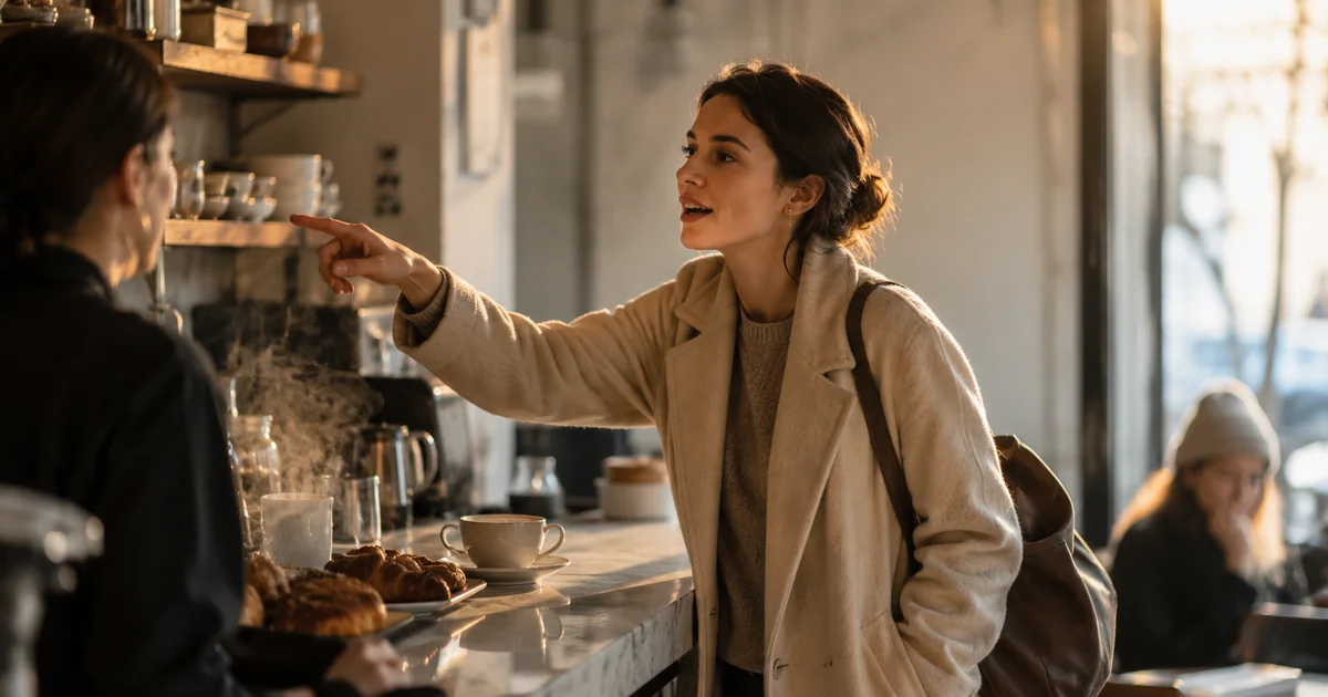 カフェのカウンターで若い女性が棚の何かを指し店員に短くたずねる、用意せず始まった会話のひとこま