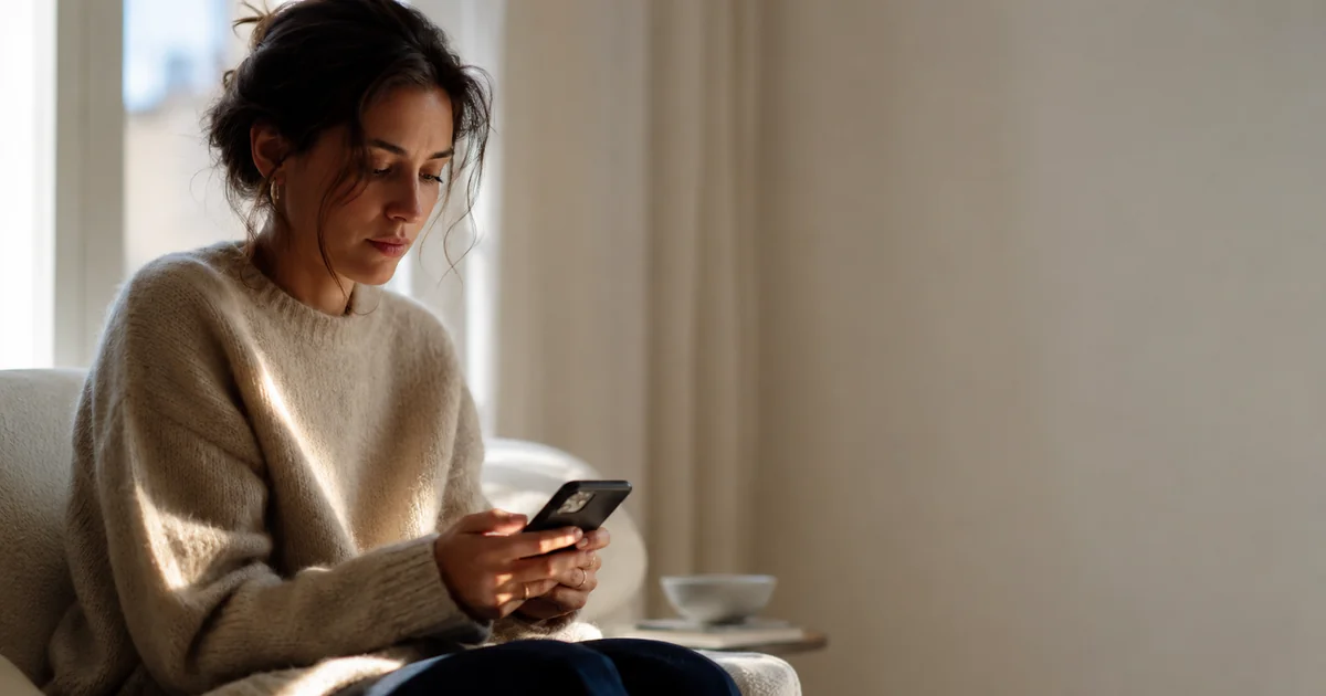 午後の窓辺でスマートフォンを手にし、画面を見つめながら考え込む20代後半の女性。既読がついたあと返事を待つ落ち着かない時間を表し、自信のなさが相手とのやり取りの空白で立ち上がるという記事の主題を映す。