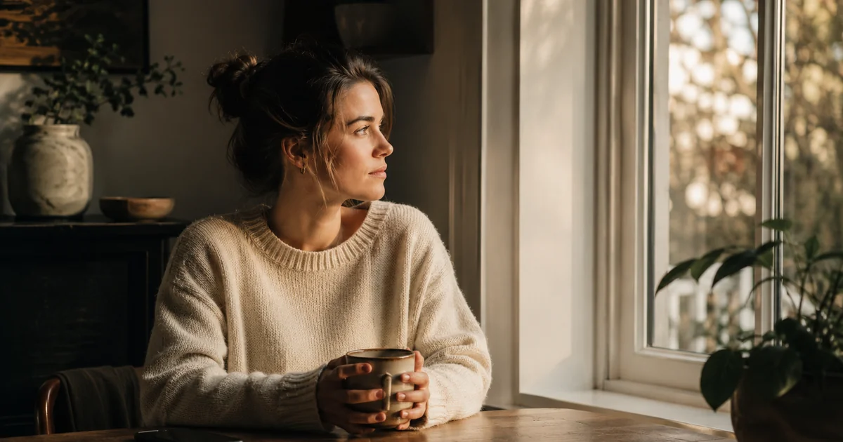 早朝の窓辺でスマートフォンを伏せ、コーヒーを手に外を眺める女性。既読スルーを前に焦らず視線を自分の生活へ戻す様子を表す