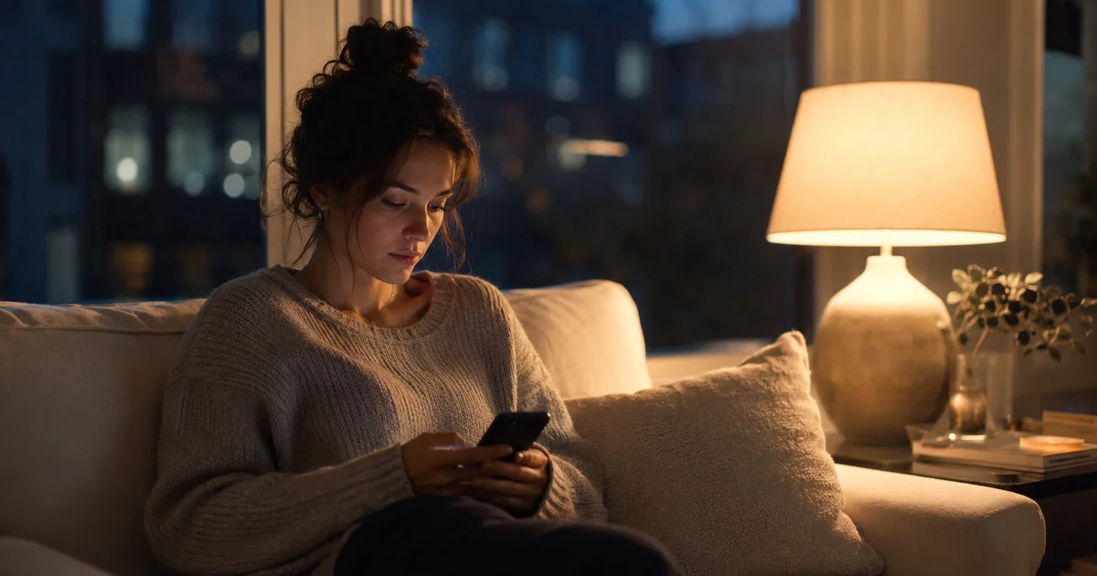 夜、ソファの窓辺でスマートフォンを両手に持ち画面を静かに見つめる若い女性。既読がつかない時間の落ち着かなさを表す。
