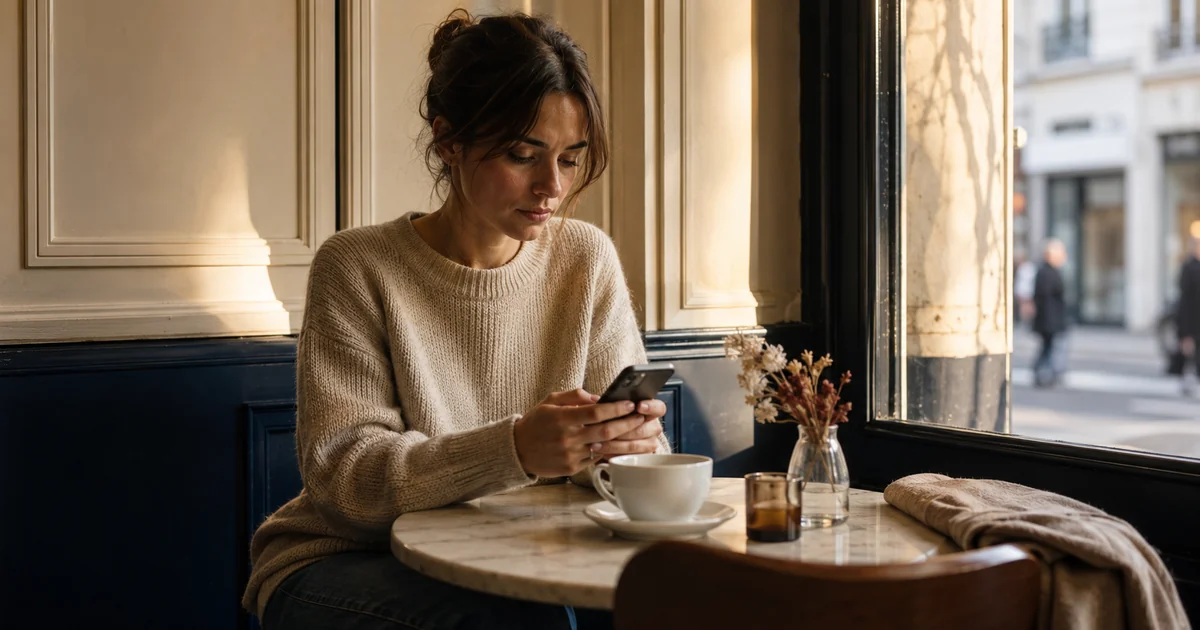 カフェの窓辺で、スマートフォンの画面を見つめながら返信に迷う20代の女性。好きな相手の前でだけ揺れる自信のなさという記事の主題を、ためらいの一場面として映す。