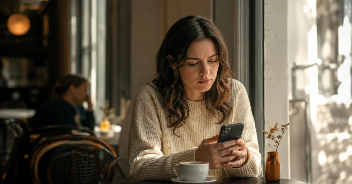 カフェの窓辺でスマホの一通を見つめ、その意味を読み取ろうとする20代女性。一個のサインで決めると外れる、という記事の主題を映す。