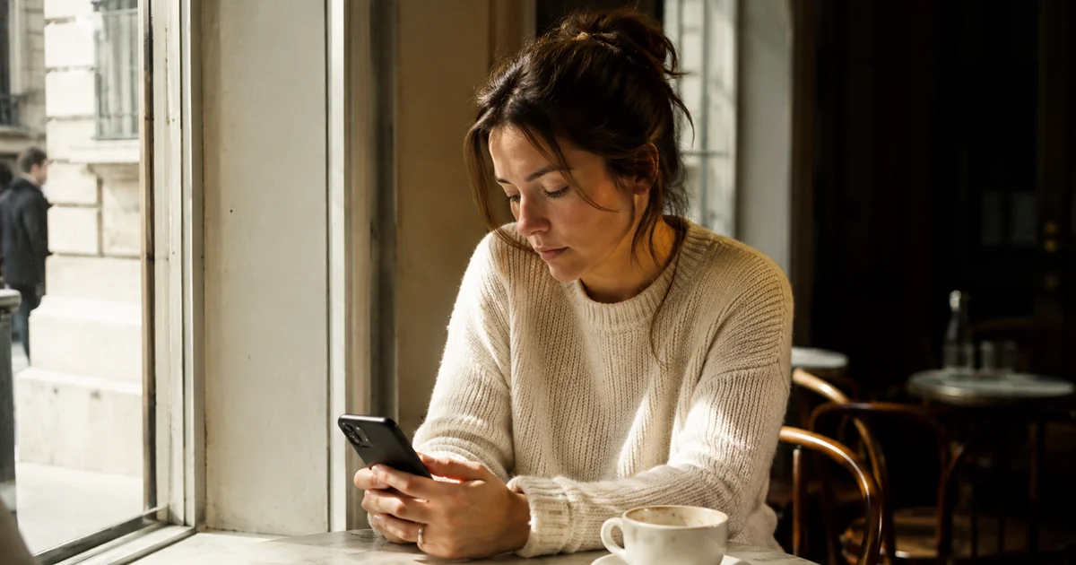 窓辺でスマートフォンを手に、返信の言葉を探して一瞬手を止めている二十代後半の女性。会話の継ぎ目で止まる場面を表す。