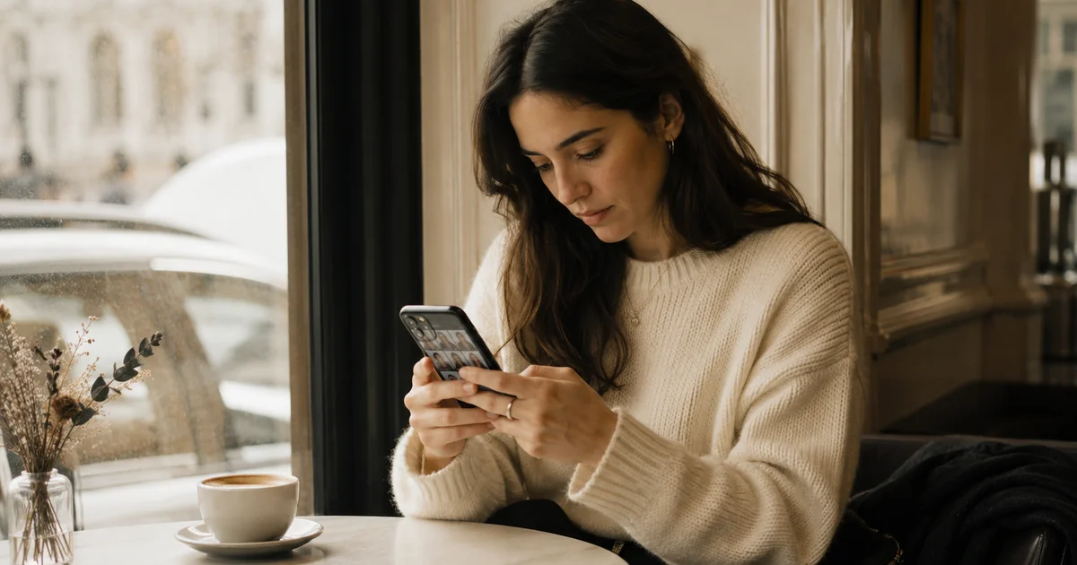 カフェの窓辺でスマホに並んだ自分のプロフィール写真を見比べ、どれを選ぶか考え込む20代の女性。写真を一枚ずつでなくセットで選ぶという記事のイメージ。
