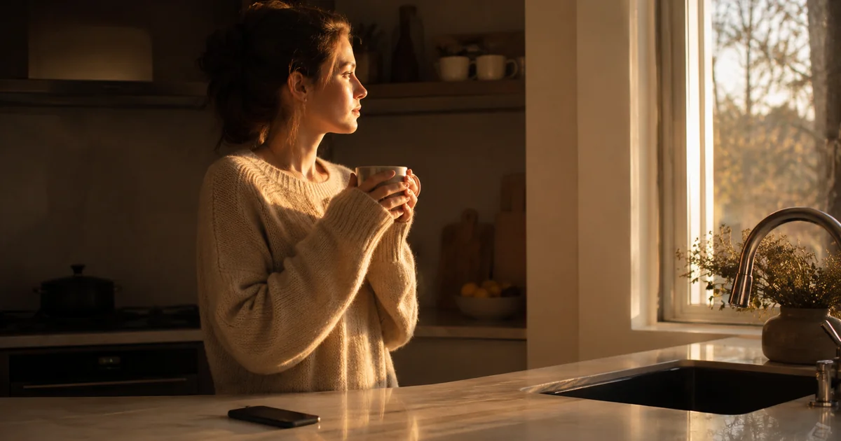 朝の窓辺でコーヒーを手に外を眺める20代後半の女性。スマートフォンは伏せたままカウンターに置かれ、相手の反応ではなく自分の側の落ち着きを取り戻していく様子を表す。