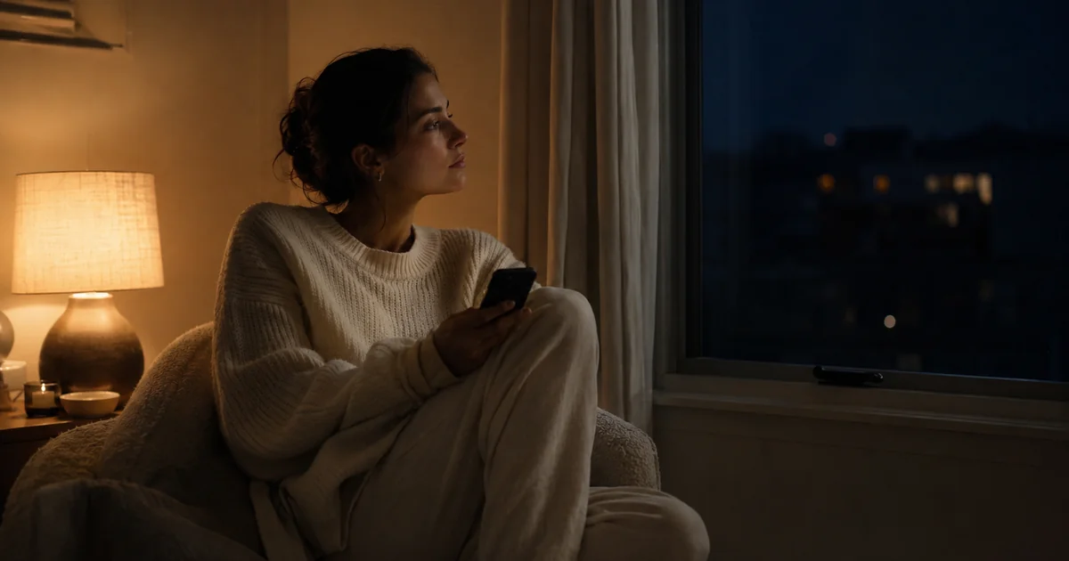 夜の自宅の窓辺で、スマホを手にしたまま外を見ている20代後半の女性。デート後の連絡を不安にならず落ち着いて受け止める、という記事の姿勢を表す。