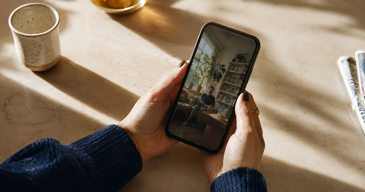 スマートフォンに映る誰かのプロフィール写真を眺める手元。視線は顔ではなく、写り込んだ部屋や本棚といった背景に向いており、写真が顔より背景から読まれることを示す。