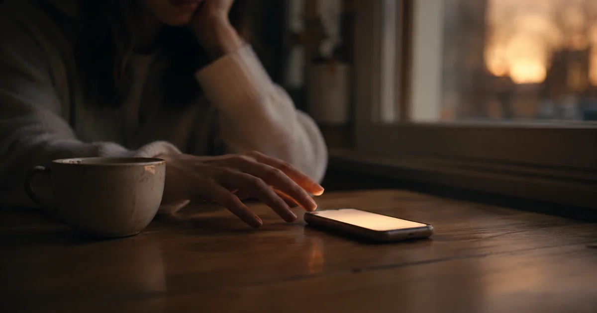 夜の窓辺のテーブルで、ほのかに光るスマホへ手を伸ばしかけて止める若い女性の手元。一通の返信だけで脈ありか決めたくなる迷いを表す。