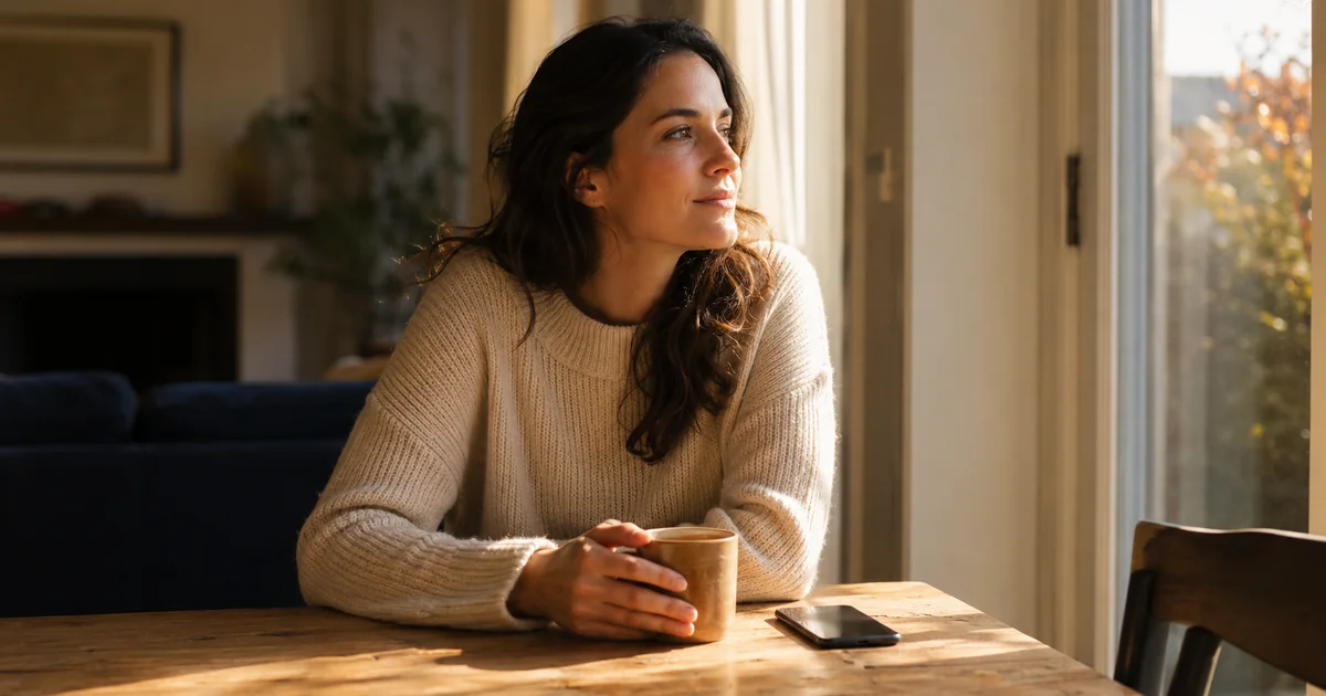 窓辺でスマートフォンを伏せて置きコーヒーを手に外を眺める20代後半の女性。相手の連絡に振り回されず落ち着いていられる状態を表す。