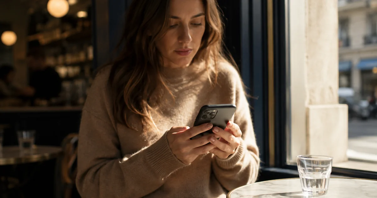 カフェの窓辺で、メッセージを開く半秒前にわずかに肩を硬くしてスマホを見る20代の女性。不安のサインが欠陥ではなく、安心が薄れた瞬間に出る反応であることを示す。