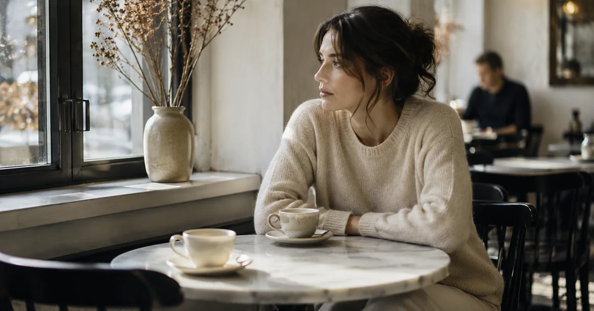 カフェの窓辺で少し離れた席の相手をうかがう若い女性。好意のサインを数えず濃淡で読み取ろうとする観察の場面を示す。