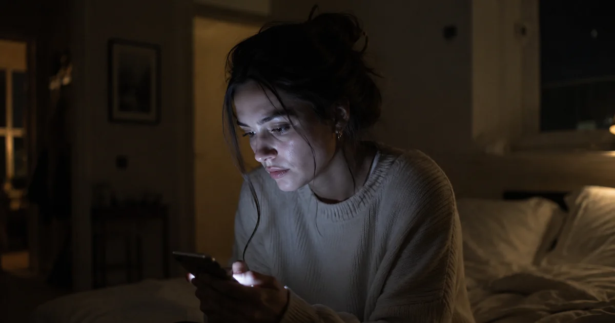 夜の部屋でスマートフォンを手に画面を見つめる若い女性。遅れた返信を前に気持ちがざわつく場面を表す。