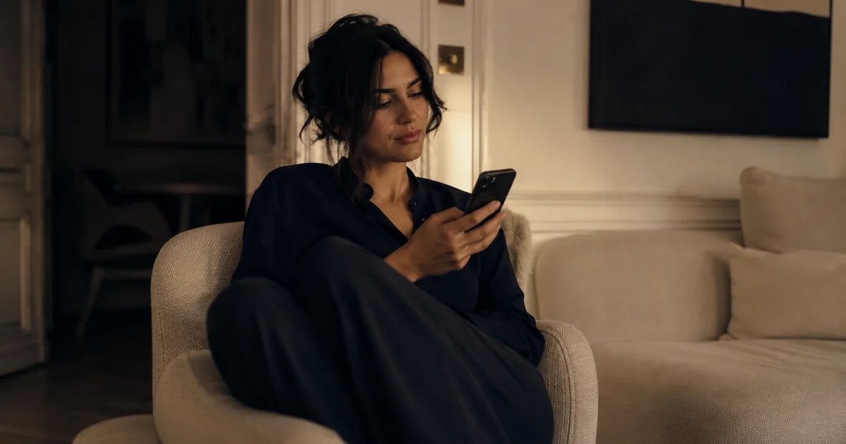 夜の部屋でスマートフォンを手に、画面を数秒だけ眺めてプロフィールをめくる女性。見る側の短い視線を表す一枚。