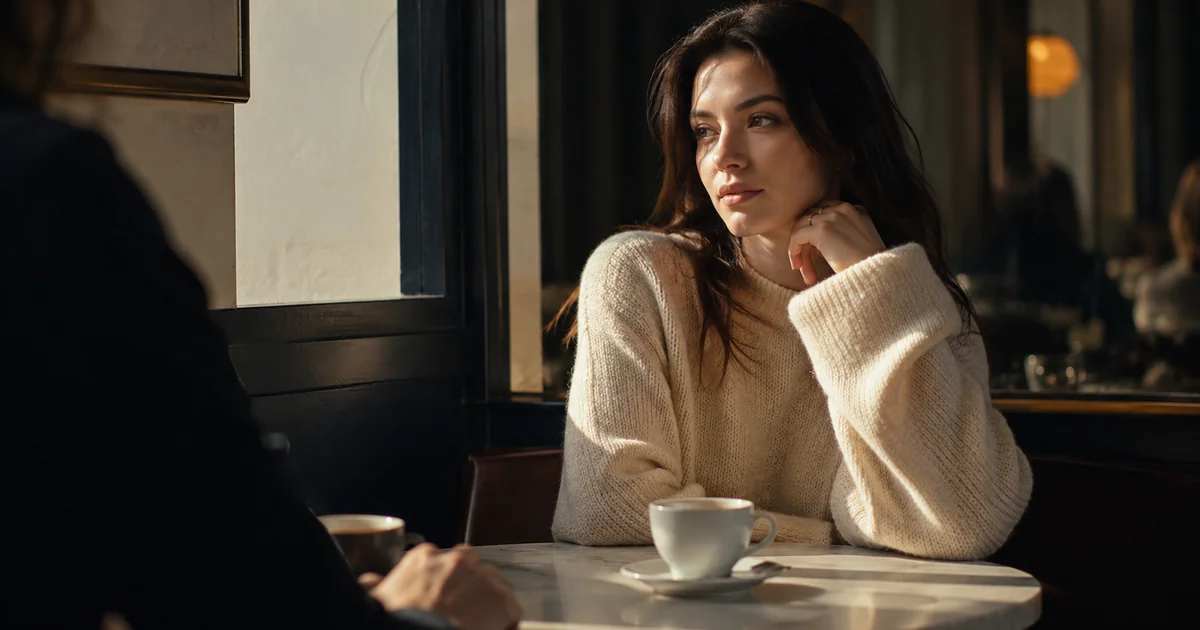 カフェのテーブル越しの会話の途中で、ふっと視線をわきへそらした20代の女性。目をそらす瞬間が二人のあいだで起きていることを示す、記事の主題を映す一枚。
